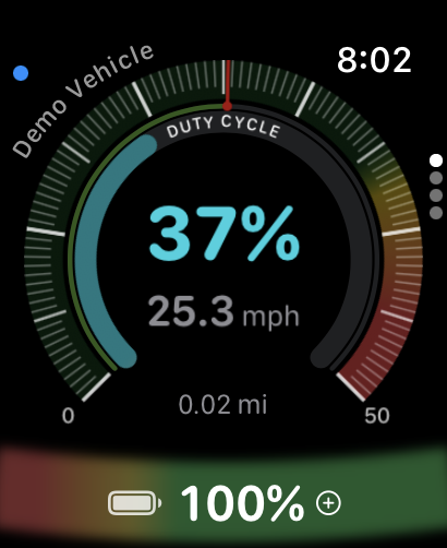 PEVBoss running on Apple Watch — a Duty Cycle gauge showing 37% at 25.3 mph